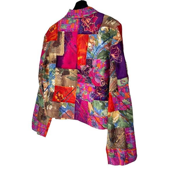 Chico's Pink Purple Patchwork Sequin Beads Embroidered Silk Blend Jacket M - Picture 7 of 11